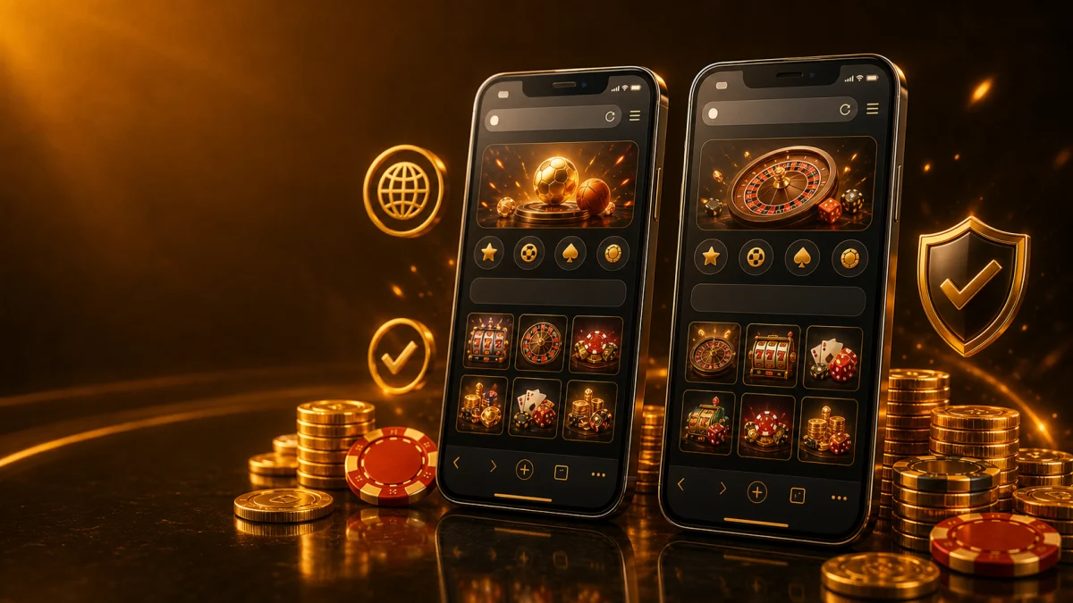Dois smartphones com interface mobile genérica representando acesso por Android e iOS
